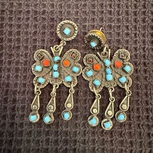 Vintage Style Dangle Earrings with Turquoise and Red Accents